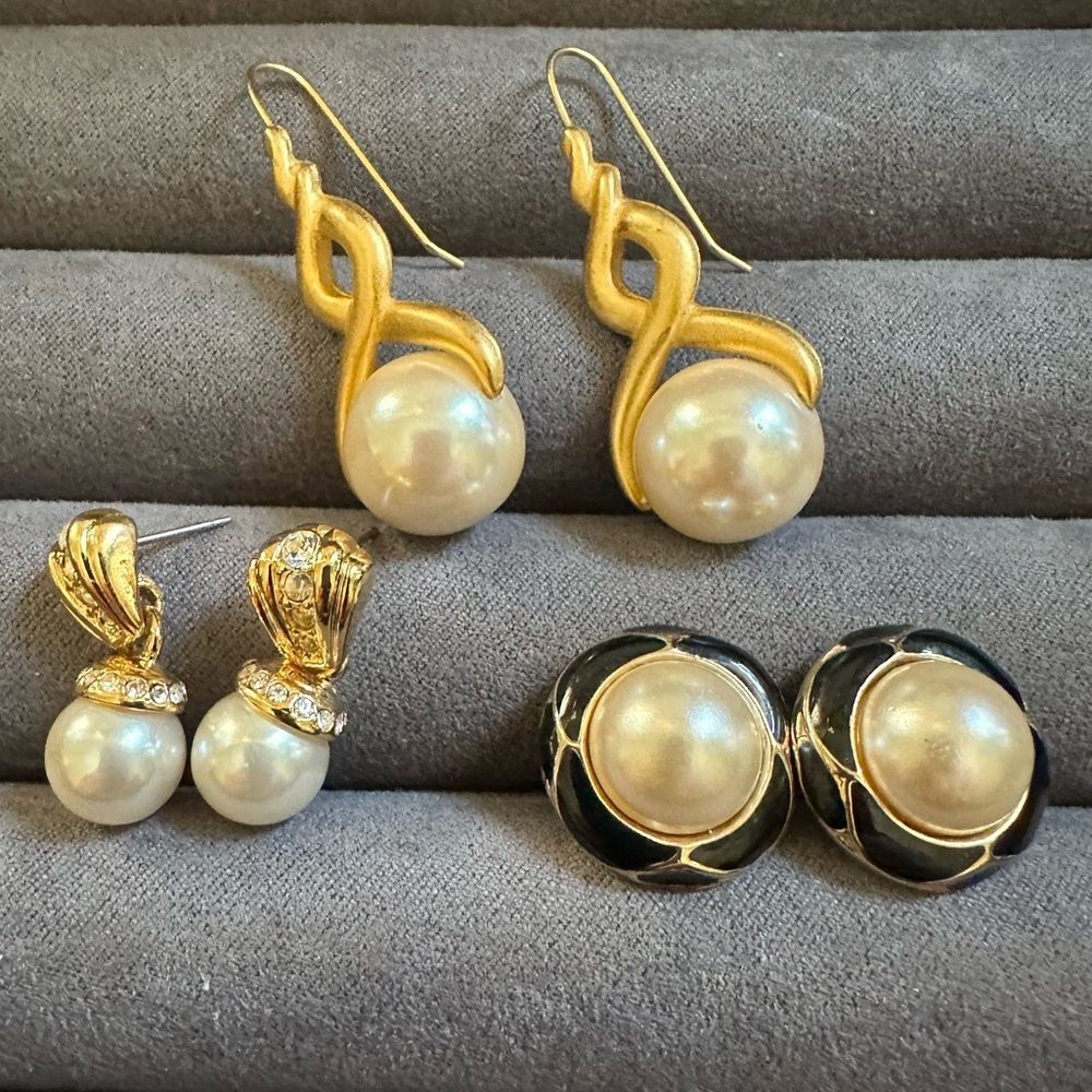 Set of three pearl earrings - gold tone rhinestone mob wife